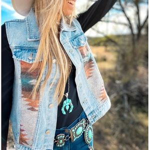 New Dakota Aztec Light Denim Patchwork Boho Jacket Vest
